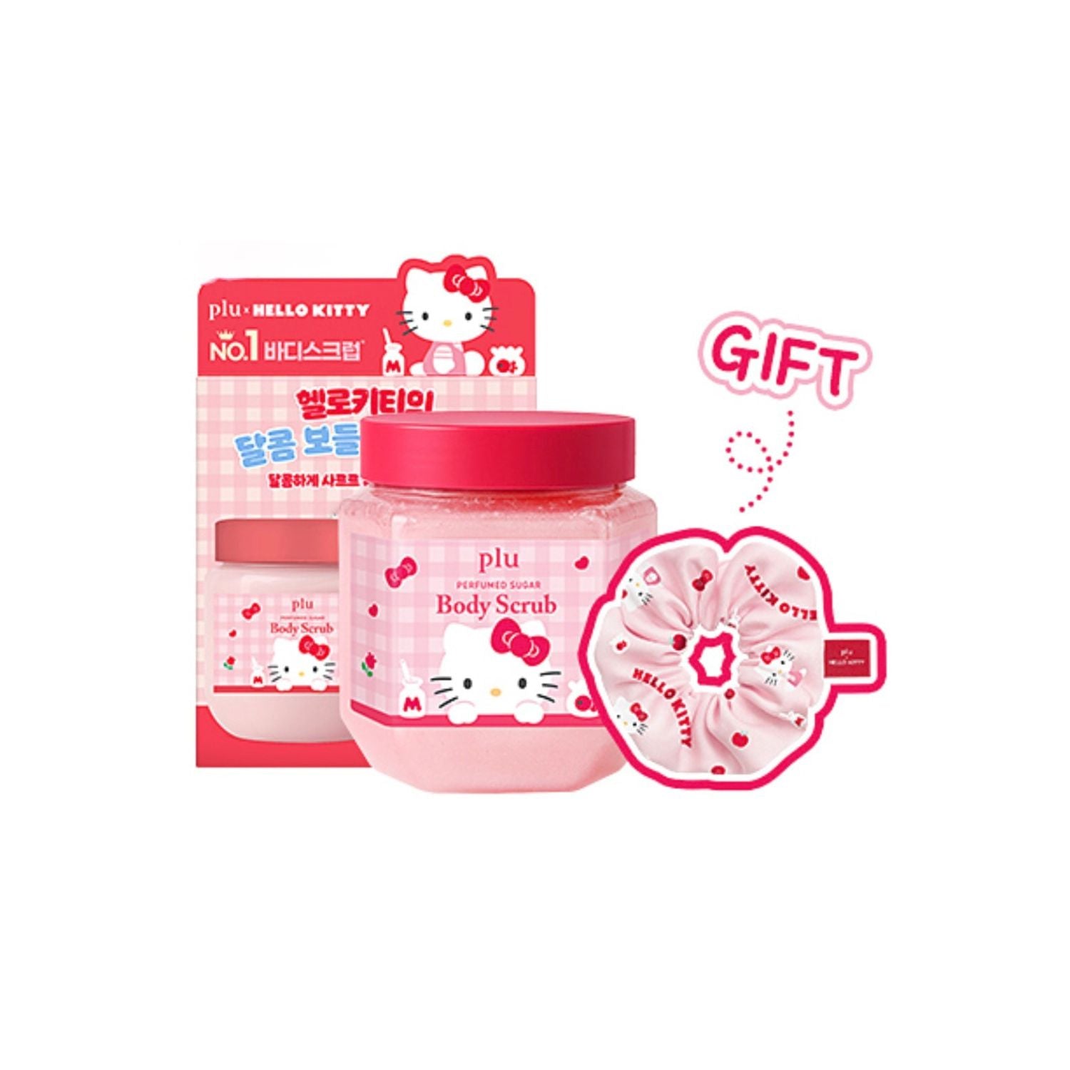 [plu x Hello Kitty] Perfumed Sugar Body Scrub Melrose 510g Set (+Kitty Scrunchie)